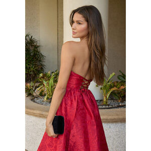 Lulus Picturesque Icon Red Jacquard Lace-up Strapless Midi Dress - Size M